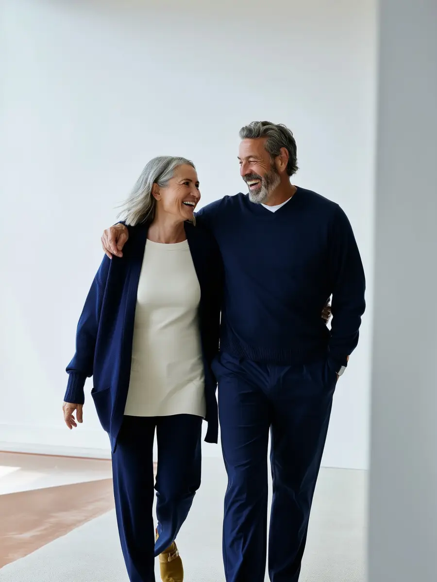 An older couple walking arm in arm and laughing